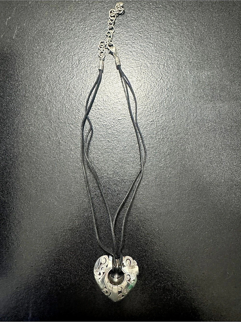 Brighton Silver Tone Scroll Heart Pendant Black Cord Necklace
